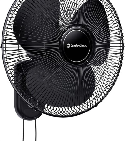 Comfort Zone 16-Inch Oscillating Wall Mount Fan – Quiet 3-Speed Indoor Fan with 60° Adjustable Tilt, Pull-Chain Control & Durable Metal Grille – Space-Saving Cooling for Home, Office, & Greenhouse