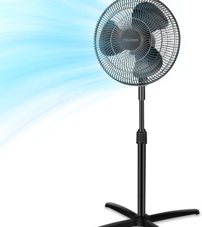 PELONIS 16 inch Pedestal Fan for Bedroom , Oscillating Fan, 3-Speeds, 90° Oscillation, Adjustable Height, Floor Fan, Standing Fan for Living Room, Kitchen, and Home office, Black