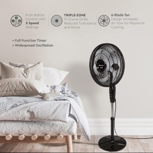 Comfort Zone Smart WiFi Oscillating Stand Fan, 18 inch, 3 Speed, Wall-Mountable, Voice Control, Full-Function Timer, Adjustable Stand up to 53 inches, Tri-Curve Technology to Reduce Noise, CZST180SBK