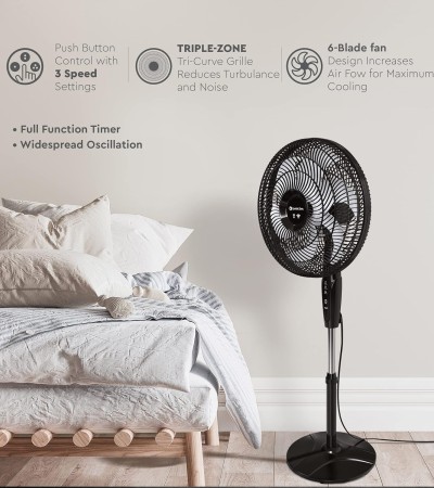 Comfort Zone Smart WiFi Oscillating Stand Fan, 18 inch, 3 Speed, Wall-Mountable, Voice Control, Full-Function Timer, Adjustable Stand up to 53 inches, Tri-Curve Technology to Reduce Noise, CZST180SBK