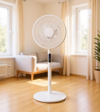 White remote-controlled floor fan, 16-inch silent electric fan for home use, strong airflow, remote control, silent oscillating fan.