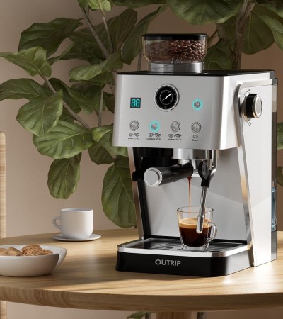 OUTRIP 2-in-1 Italian Coffee Maker with 20Bar High-Pressure Extraction, Integrated Coffee Grinder and Milk Frother